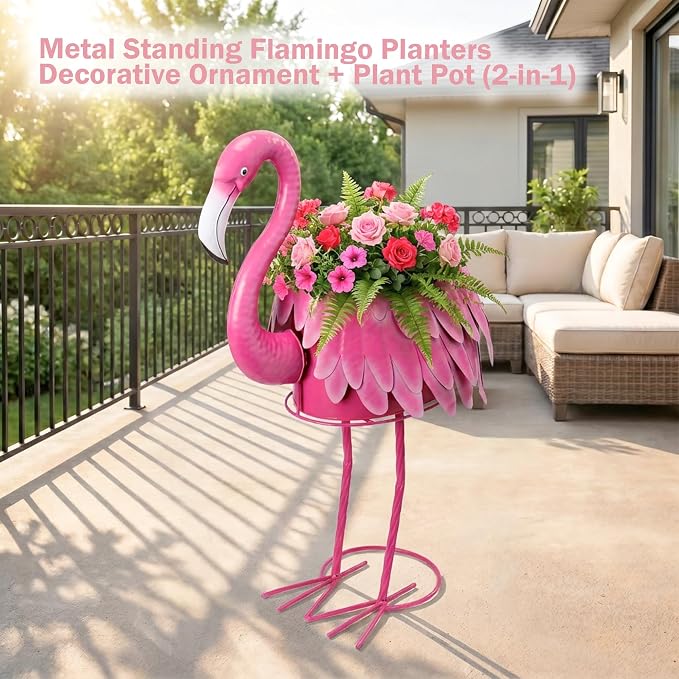 Metal Standing Flamingo Planters with Drain Hole Flamingo Flower Holder Large Planter Pots for Indoor Outdoor Lawn Garden Yard Decor