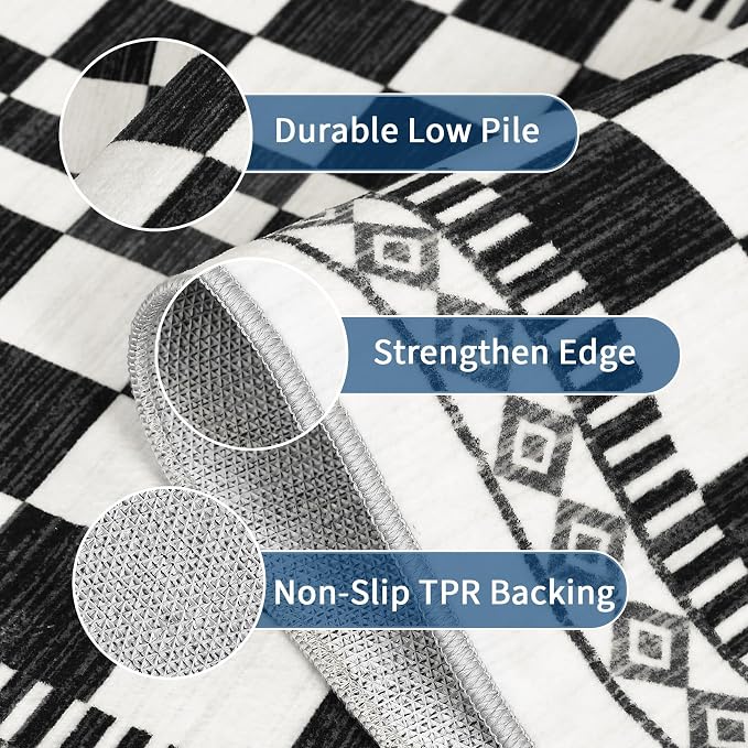 GarveeHome Kitchen Runner Rug 2x6, Modern Black and White Checkered Rug | Washable Non-Slip Carpets for Kids Room, Contemporary Abstract Low Pile Nursery Rug for Bedside Laundry Classroom Bathroom