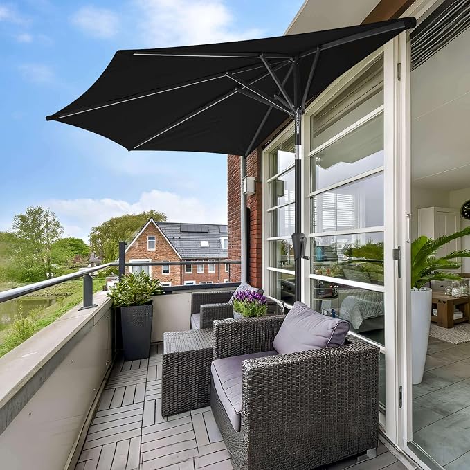 9ft Half Umbrellas Outdoor - Half Patio Umbrella with Tilt, UV Protection Waterprool, Half Round Umbrella for Wall Balcony, Pool, Porch, Garden, Deck, Backyard (Black)