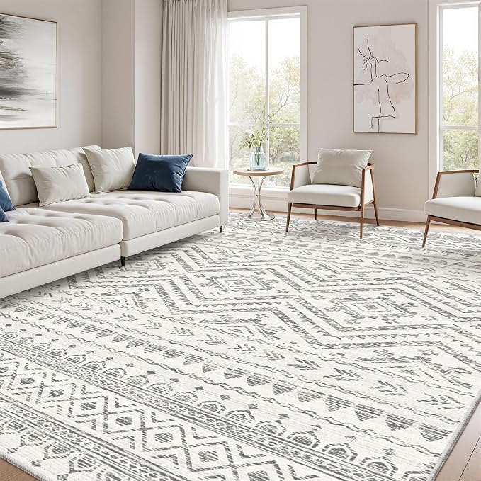 Miukiki 8x10 Area Rug for Living Room, Washable Soft Non Slip Rug Grey | Moroccan Large Indoor Rug for Kitchen Bedroom Dining Room Office, Low Pile Soft Floor Carpet Home Decor 8'x10'