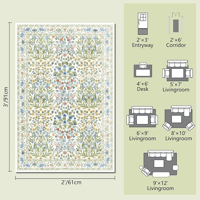 Washable Entry Rug 2x3 Feet, Non-Slip Indoor Entryway Bathroom Kitchen Mat, Vintage Floral Design Rug Perfect for Entryway Décor