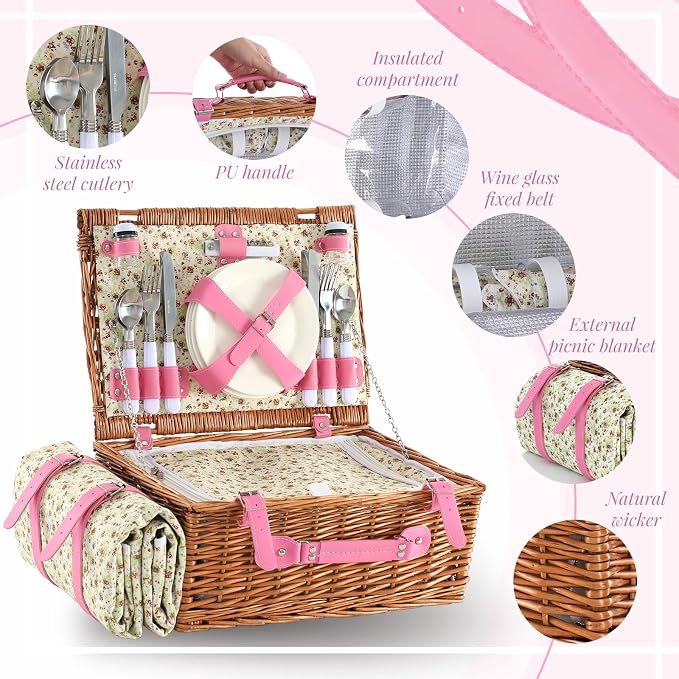 Picnic Basket Set for 4 with Waterproof Blanket Mat Insulation Bag Wicker Pink Floral Classic Fresh Gift for Christmas Thanksgiving Wedding Birthday Camp Outdoor Beach Travel