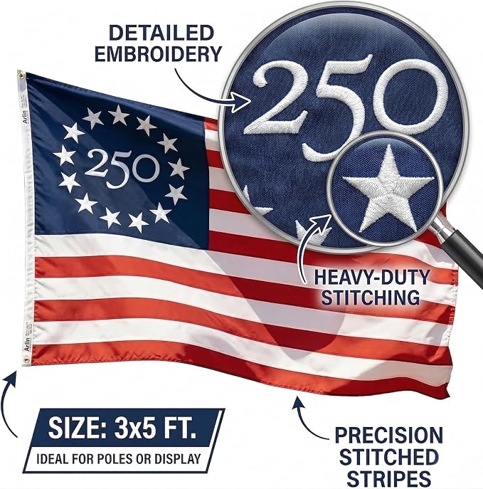 USA 250 Year Anniversary Flag 3x5 Ft – 1776-2026 United States Semiquincentennial Outdoor Banner – 250th America Birthday Celebration Decor (Embroidered Nylon)