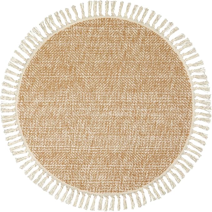 Boho Round Area Rug, Soft Hand Woven Washable Bedroom Carpet 3ft | Modern Farmhouse Bedside Rugs with Tassels, Tan/Cream Circle Nursery Rugs for Living Room Dining Room Table Office