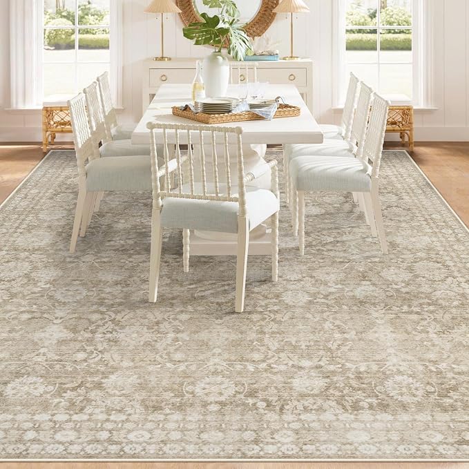 8x10 Area Rugs for Living Room: Washable Large Vintage Floral Rug Low Pile Non-Slip Boho Carpet for Bedroom Home Office Dining Room (Brown, 8'x10')
