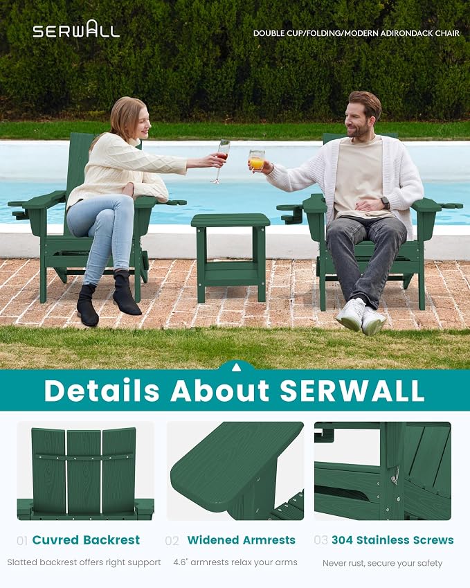 SERWALL Folding Adirondack Chair with Dual Cup Holders Set of 6, Modern Adirondack Chairs, HDPE All-Weather Fire Pit Chairs for Outdoor, Patio, Garden, Green
