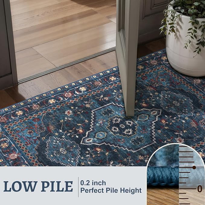 Tangsoo Oriental Blue Small 2x3 Washable Rugs, Vintage Non Slip Rug Carpet, Indoor Front Door Rug for Entryway, Door Mat Indoor Entrance Soft Low Pile Throw Rugs for Entry Kitchen Bedroom Home Decor