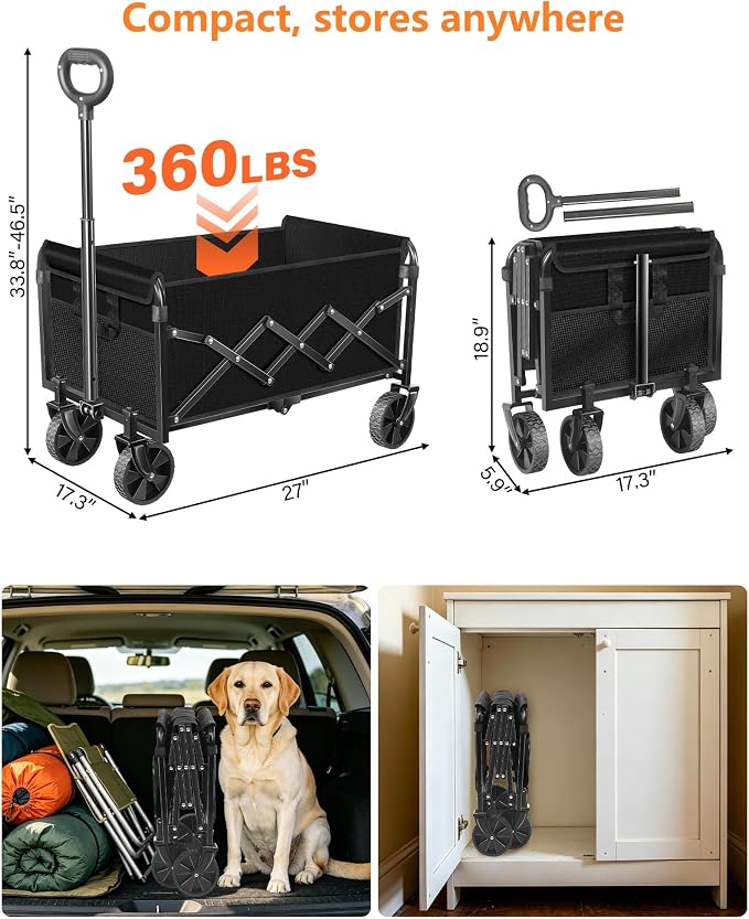 Wagons Carts Foldable, Collapsible Folding Wagon, Portable Folding Wagon Cart with Wheels, Outdoor Utility Carts for Groceries, Camping, Sports, Shopping, Black