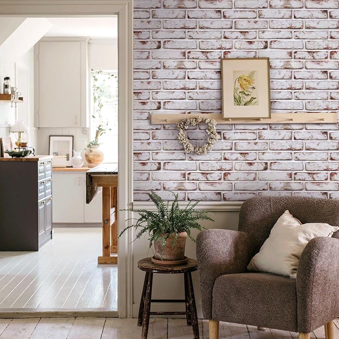 COMSTICKC 3D Faux Brick Wall Panel Red-Tinted White, Peel and Stick Wall Covering, 12 Pcs of 22.8" x 11.8", Not Real Brick, UrltraLight PVC Self Adhesive Wall Tile, Paintable, Covers 22.48 sq.ft