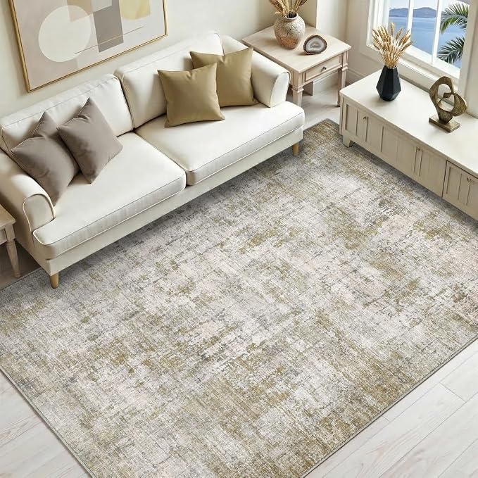 5x7 Area Rugs Washable Living Room Rug Non Slip Soft Carpets | Modern Abstract Indoor Floor Stain Resistant Carpet for Bedroom Dining Room Farmhouse Nursery Home Office Tan