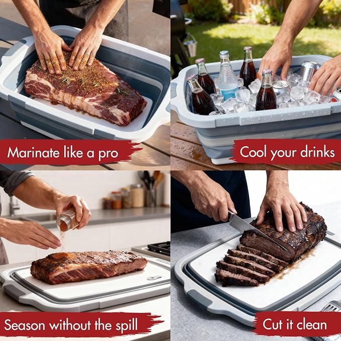 KITCHEN PERFECTION Collapsible XL Smoker & BBQ Prep Tub with Locking Lid | Includes Cutting Board, Meat Marinade & Brine Container For Turkey, Brisket & Ribs - Best Grill Accessories Gifts For Men