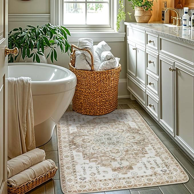 LBRO2M Machine Washable Rug Soft Pet Friendly Carpet 2X3 Cream | Persian Rug 2X3 for Entryway, Kitchen, Bathroom Non Slip Carpet, Foldable Stain Resistant Rugs