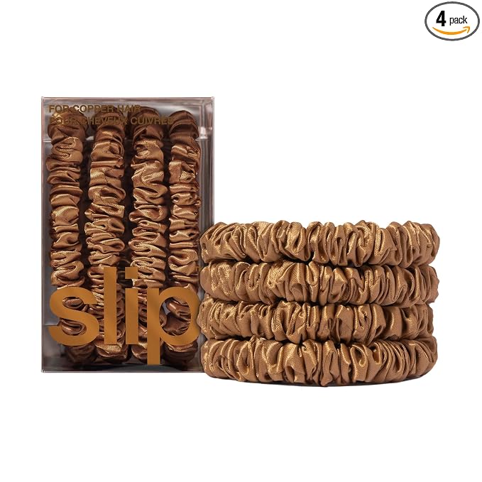 Slip Silk Hair Ties — Skinny Silk Copper Scrunchies, No Damage, No Crease, Anti-Breakage |100% Mulberry Silk | All Hair Types | Made with Proprietary Slipsilk™ | Set of 4