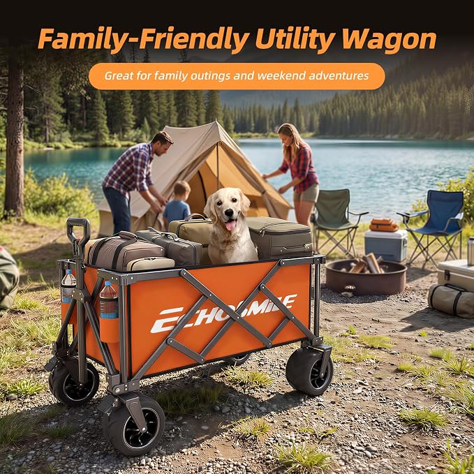 EchoSmile Collapsible Folding Wagon Cart with Compact Storage - 400Lbs Capacity All Terrain Utility Cart for Camping, Beach, Grocery, Garden,Orange