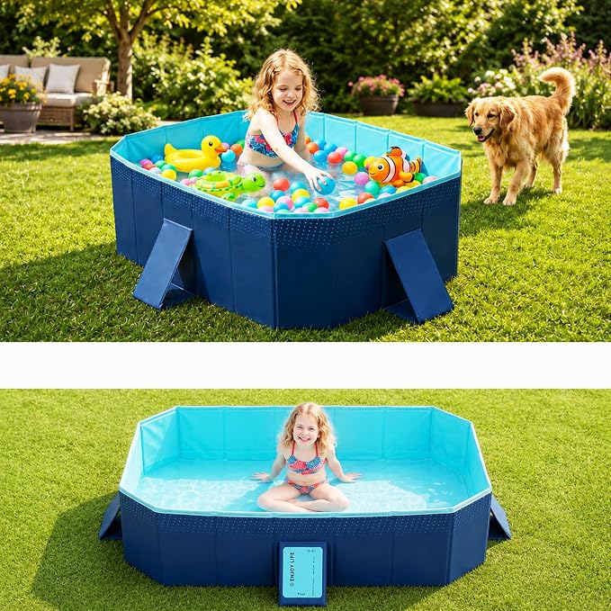 Japard Foldable Non-Inflatable Pool Small 61" Above Ground Kids Indigo | 61" x 46" x 18" Kiddie Family Swimming Hard Plastic Baby Toddler Deep for Backyard Rectangle No Hassle Blue