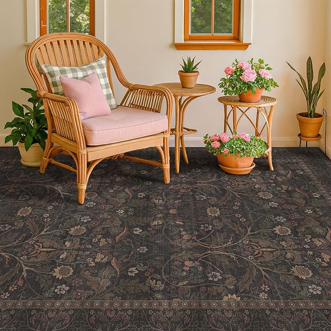 Washable 5x7 Dark Brown Rug for Office Living Room, Low Pile Soft Area Rugs for Bedroom, Traditional Home Décor, Non Slip Floral Woodland Funky Dark Academia Carpet with tan Coffee Accents