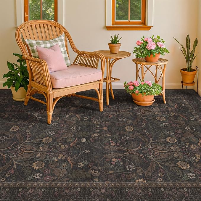 Washable 5x8 Floor Rugs for Living Room, Brown and Black Low Plie Woodland Soft Bedroom Carpet, Southwestern Home Office Décor, Non Slip Floral Funky Dark Academia Rug
