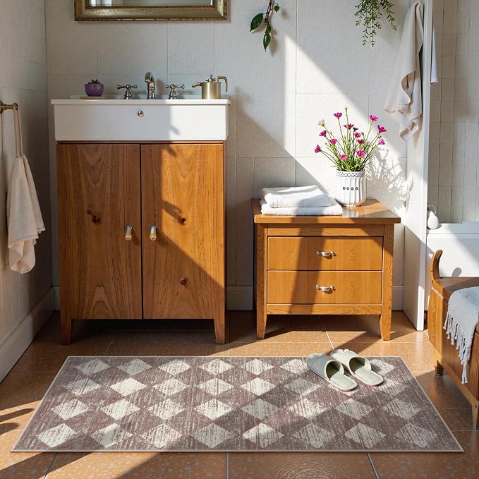 Lahome Zelie Machine Washable Bathroom Rugs Runner, 2x5 Non Slip Entryway Rugs Indoor Kitchen Runner Rug, Moroccan Trellis Non Skid Carpet Runners for Bedside Entrance Laundry Room, Beige