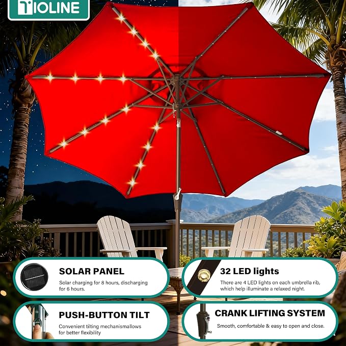 9FT Solar-Powered LED Patio Umbrella with Tilt Crank,Outdoor Market Umbrella with 32 Lights,Sunshade for Deck, Garden and Pool