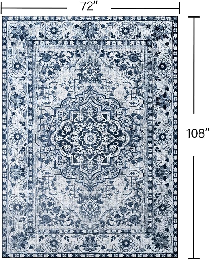 YJ.GWL Area Rugs for Living Room 6x9 Machine Washable Rugs, Non Slip Floral Vintage Rug Indoor Carpet, Stain Resistant Large Rug for Bedroom Dining Room, Navy Blue