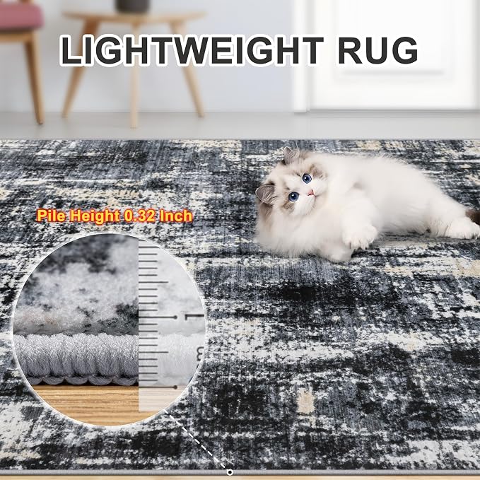 PLHXFR 9x12 Area Rug Living Room: Abstract Washable Carpet Black Gold | For Bedroom Dining Room Farmhouse Nursery Home,Machine washable,Non Slip,Large Soft Neutral,Stain Resistant, Indoor Floor