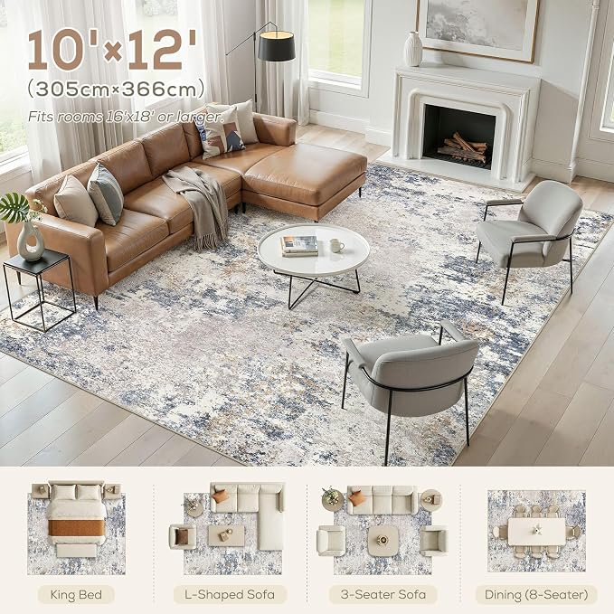 Nakagishi 10X12 Abstract Washable Area Rugs for Living Room-Blue Grey | Modern Non-Slip Silicone Backing Low Pile Soft Carpet for Bedroom Dining Decor Ideal for Families with Kids and Pets