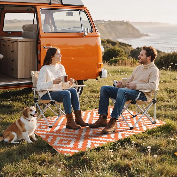 GENIMO Outdoor Rug for Patio Clearance, 3'x5' Indoor Area Rug, Waterproof Reversible Fall Doormat, Outside Camping Carpet for Porch, Living Room, Balcony, Deck, Bedroom, Picnic, White Orange