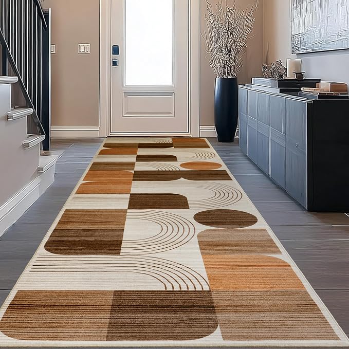 Soft Modern Geometric Abstract Machine Washable 2.7x8 Runner Rug | Orange Rugs for Bedroom Living Room, Non-Shedding Faux Wool Indoor Throw Floor Carpet for Office Entryway Dining Room Decor