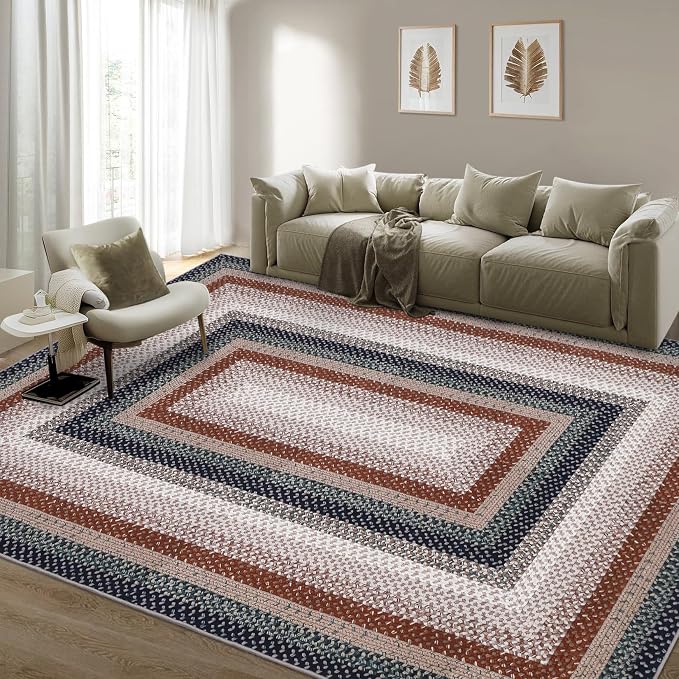 RUGSREAL Washable Area Rug 6x9 Braided Print Rugs for Living Room Bedroom | Modern Geometric Large Dining Room Rug Non Slip Dining Room Farmhouse Accent Throw Carpet for Home Decor, Olive/Brown