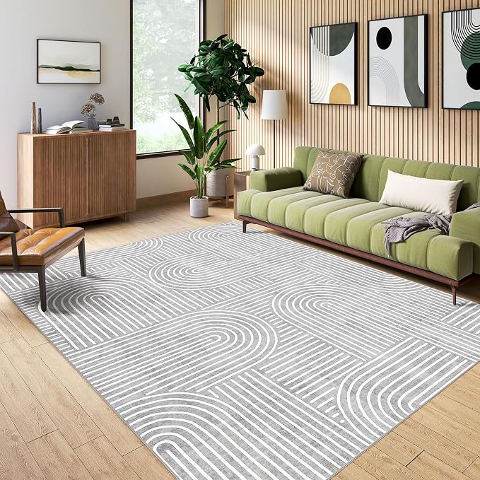 LUXRUG Washable Area Rug 8x10 Large Abstract Grey Boho Rugs for Living Room | Ultra-Thin Modern Abstract Rainbow Dining Room Rugs Non-Slip Indoor Carpet for Living Room Nursery Room Office Home Decor