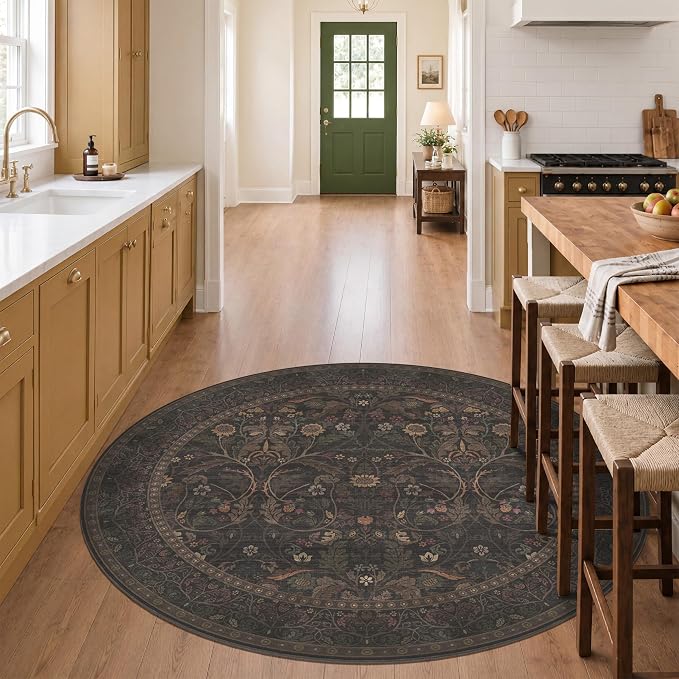 Brown Floral 6ft Round Rug for Living Room Kitchen Dining Room Under Table, Thin Low Pile Soft Botanical Patern Area Rug for Living Room Bedroom, Traditional Home Décor Non Skid (Black and Brown)