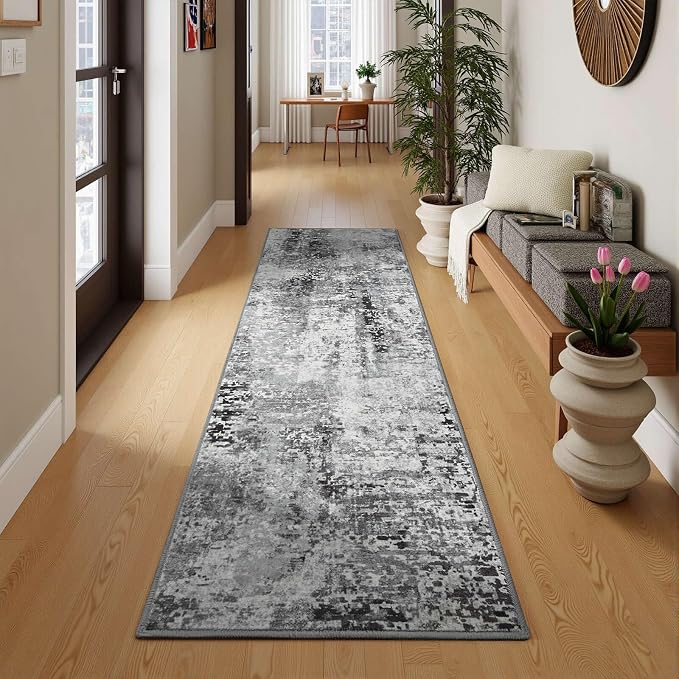 Dark Grey Washable Runner Rug for Bedroom, Abstract Non-Slip Soft Entryway Rugs, Modern Low Pile Stain Resistant 2x6 Carpet for Entryway, Kitchen, Hallway, Bedside