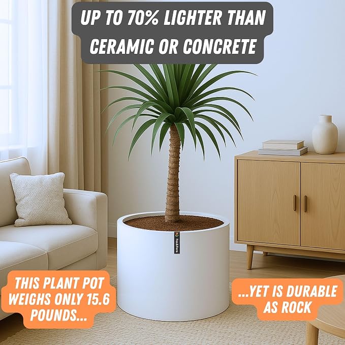 Fox & Fern Large Indoor Planter, Modern Large Plant Pot for Indoor or Outdoor, UV and Frost Resistant - 18.7 Inch, Fiberstone, Matte White Flower Pot with Drainage Plug, Lightweight