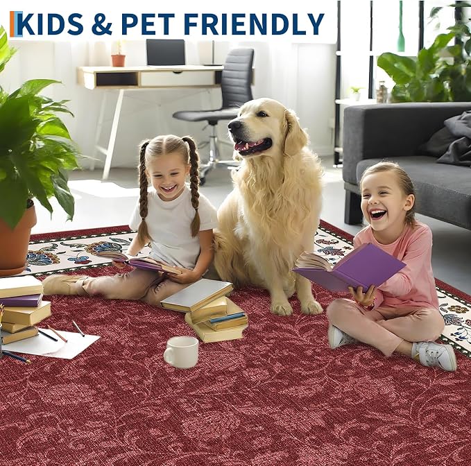 Garvee Area Rugs 9x12 Living Room Washable Rug Vintage Floral Rugs | Red Boho Border Area Rug Stain Resistant Easy Cleaning Throw Rugs Low Pile Floor Cover for Nursery Dining Room Apartment