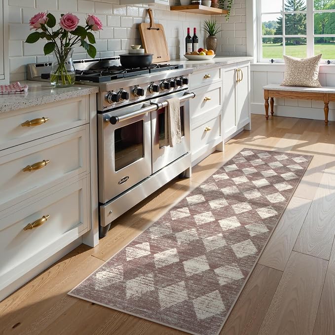 Checkered Kitchen Runner Rug 2x6 Beige, Non Slip Washable Hallway Bathroom