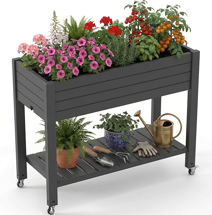 EFU Raised Garden Beds Outdoor, with Wheels for Mobility, Extra Storage Shelf, Water Level Monitoring, 21 Gallon Planter Raised Beds for Vegetables, Herbs, Fruits, Backyard, Patio, Balcony (Black)