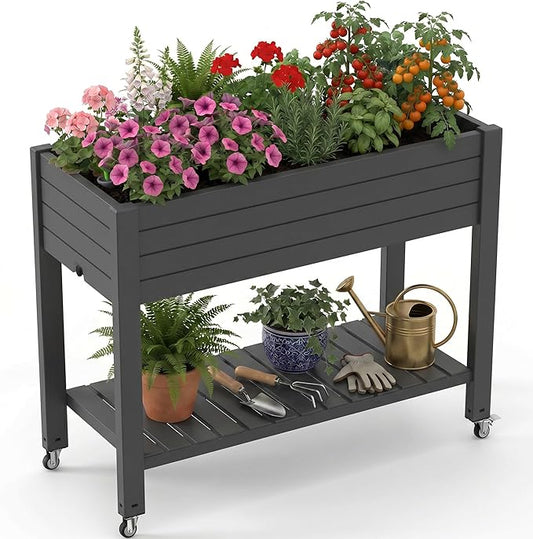 EFU Raised Garden Beds Outdoor, with Wheels for Mobility, Extra Storage Shelf, Water Level Monitoring, 21 Gallon Planter Raised Beds for Vegetables, Herbs, Fruits, Backyard, Patio, Balcony (Black)