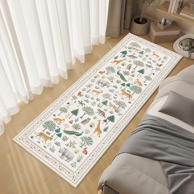 Jungle Animal Runner Rug 2x6 for Hallway Kitchen Bedroom Neutral Beige Wild Animal Forest Runner Rugs Machine Washable Non-Slip Print Low Pile Long Floor Carpet for Nursery Entryway Playroom Bathroom
