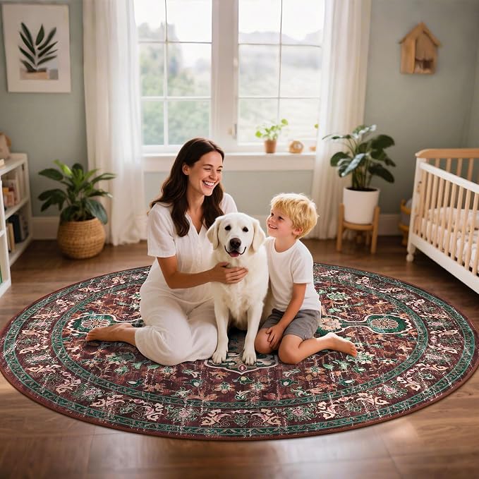 U'Artlines Boho Round Area Rug 8ft Machine Washable Carpet, Rust＆Teal | Vintage, Low Pile, Non Slip, Ultra-Thin Soft Floor Carpet, Circle, Accent Rug for Living Room Bedroom Dining Room Office