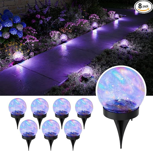 8 Pack Multicolor Solar Powered Cracked Glass Ball Lights Outdoor | Outside LED RGB Ambiance Circle Lamps, for Garden, Patio, Table, Walkway, Stairs, Lawn, Landscape Decor with Durable Stakes