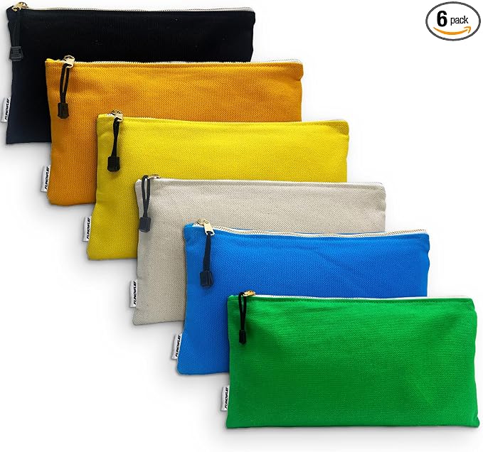 Canvas Tool Bag Zipper Pouch, 6 Pack 12.5 x 7-Inch | Heavy Duty Tools Utility Pouches, Multipurpose, Storage Organizer Tote Bags, Olive/Orange/Blue/Yellow/White/Black