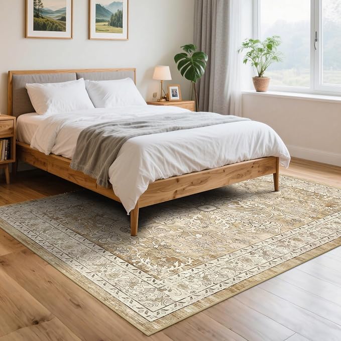 U'Artlines Boho Vintage Area Rug 5x7 Machine Washable Carpet, Cream Tan | Low Pile, Non Slip, Ultra-Thin Soft Floor Carpet, Accent Rug for Living Room Bedroom Dining Room Office