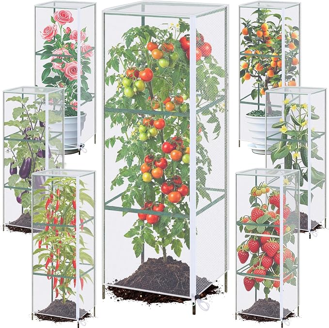 6 Pack Tomato Cage Covers, 18" x 60" Fine Mesh Plant Covers with Zipper & Drawstring, Reusable Garden Netting Protector Against Birds, Insects & Animals for Tomatoes, Peppers, Cucumbers