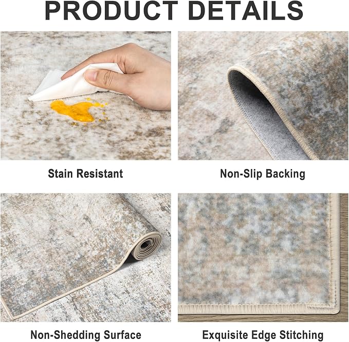 PLHXFR Area Rug Living Room: 4x6 Abstract Washable Carpet Brown Grey | For Bedroom Dining Room Farmhouse Nursery Home,Machine washable,Non Slip,Large Soft Neutral,Stain Resistant, Indoor Floor