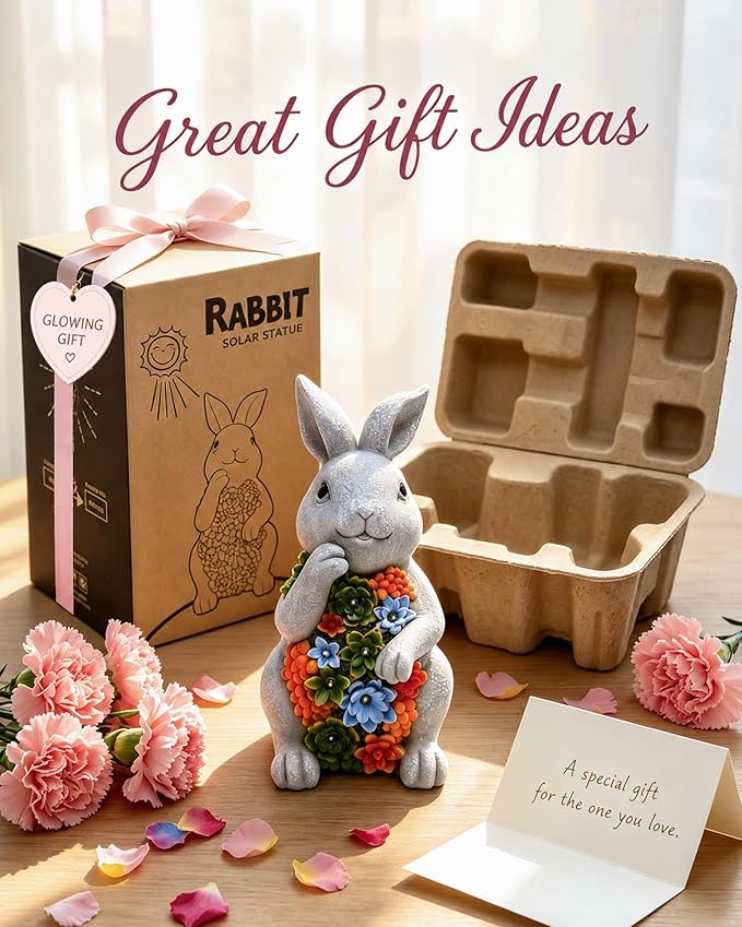 Solar Garden Outdoor Statues Bunny with Succulent | 7 LED Lights, Lawn Decor Statue for Patio, Balcony, Yard Ornament, Gifts for Mom Grandma Women