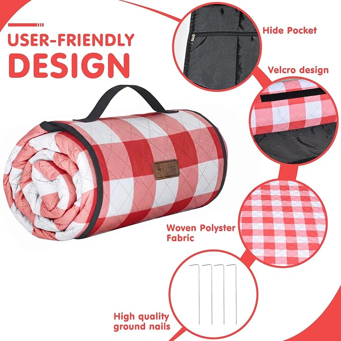 HX&OD Outdoor Picnic Blanket, Extra Large, 80''x80'' Waterproof Foldable Blankets Gingham Picnic Mat for Beach, Camping Grass Lawn Park Accessories Cute Couple Ideas Wedding (Red, 80”x80”)