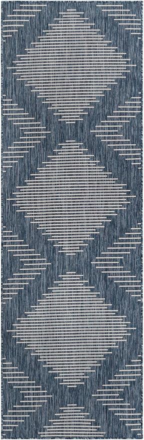 Unique Loom Outdoor Modern Collection Area Rug - Tambor (2' x 8' Runner, Blue/ Ivory)