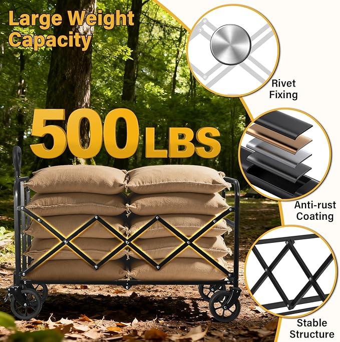 Collapsible Wagons Carts Foldable Heavy Duty, 500LBS Collapsible Wagon Cart Foldable with Wheels & Brakes, Large Folding Wagon Cart Utility for Camping, Picnic, Beach, Grocery, Sport, Shopping