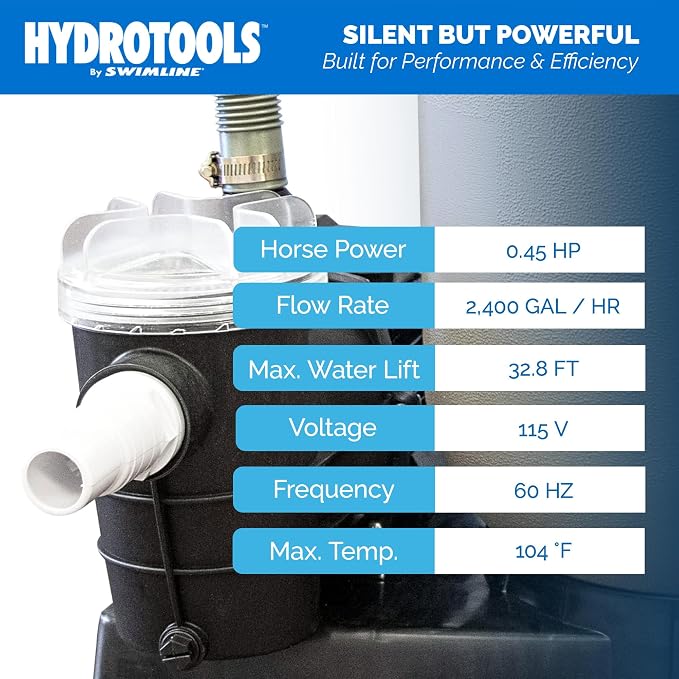 Swimline HYDROTOOLS Model 71236 Hydro-Flo Above-Ground Pool Replacement Pump, Vertical Discharge - 0.45 HP, 2,400 GPH, 115V/60Hz, Single Speed, for Sand, Cartridge & DE Filter Systems | Above-ground Pool Pump, 0.45 HP, 2, 400 GPH, Vertical Discharge, S...