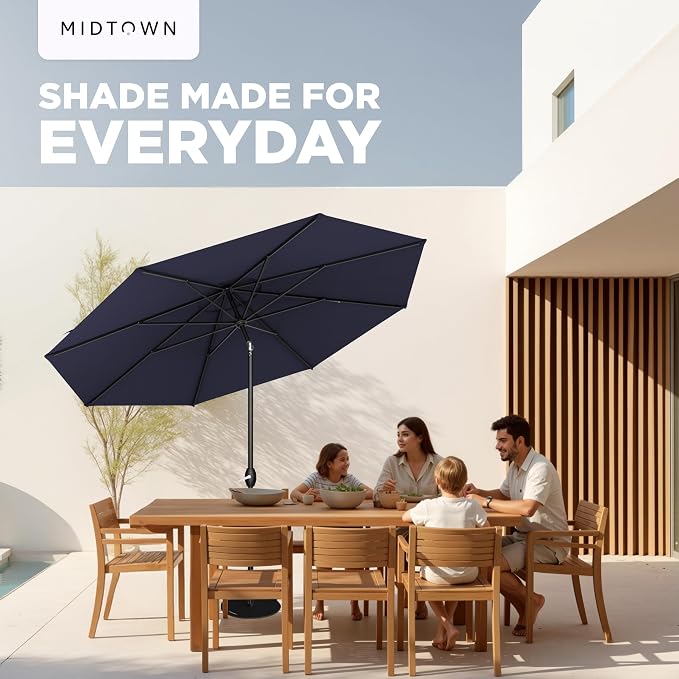Midtown Umbrellas - 10-Year-No-Fade 6 Ft Patio Umbrella with Terylast Fabric, Auto-Tilt Aluminum Frame and 8 Reinforced Ribs for Deck, Pool, Garden & Beach - Navy Blue Canopy, Black Pole